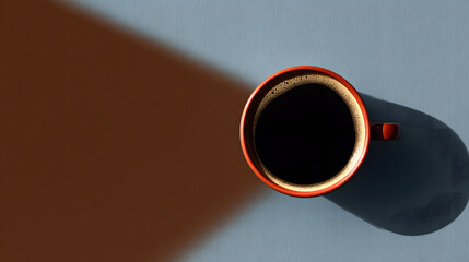 Minimal dark mug with rich coffee and long shadow