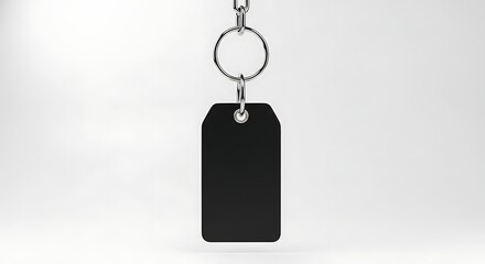 Minimalist Black Key Tag Hanging Centrally Against Clean White Background.