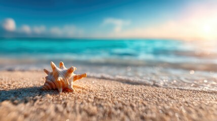 A beautifully detailed seashell resting on a golden sandy beach captures the serene essence of nature, framed by the soft waves of the ocean and a bright, inviting sky.