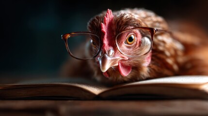 A humorous portrayal of a chicken wearing glasses while reading a book, blending whimsy and character, creating an amusing tableau that evokes both laughter and charm.