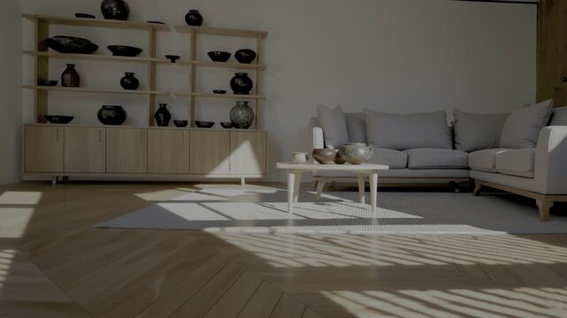Sunlit minimalist living room with herringbone floor and elegant decor