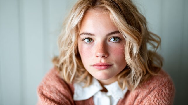 This captivating portrait features a young woman with curly hair, gazing thoughtfully, reflecting emotions and showcasing beauty and individuality in a subtle yet powerful way.