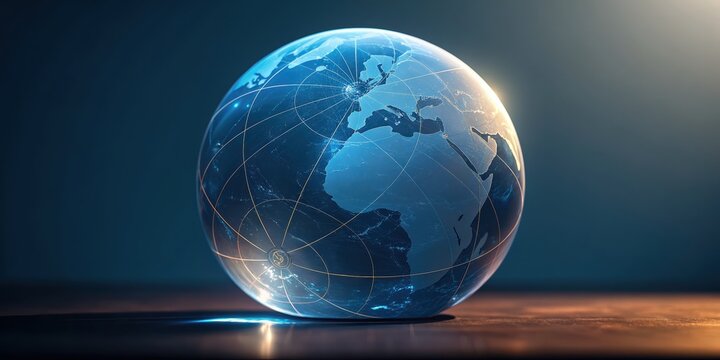 A glowing globe displaying continents and latitude lines, set against a dark background, symbolizing global connectivity and geography.