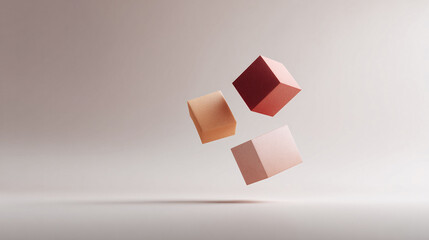 Abstract image featuring three levitating cubes in shades of peach, rust and light brown, on a neutral, soft background. Minimalist, elegant,  great for conceptual designs.