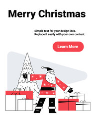 Obraz premium Santa Merry Christmas celebration gifts tree modern flat style red white black minimalist holiday scene website banner