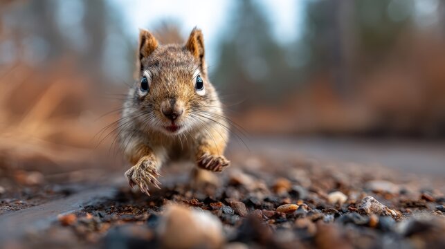 A playful squirrel dashes along a trail, capturing the essence of curiosity and nature's charm, surrounded by an earthy palette that reflects the beauty and wonder of wildlife.