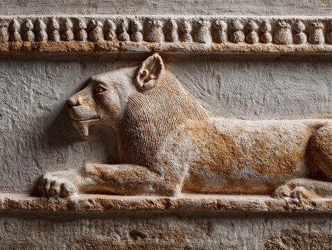 Ancient lion relief carving in stone. Powerful, strong, and timeless. Ideal for historical, cultural, architectural, or symbolic content. - Powered by Adobe