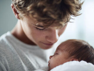 Tender moment captured between a teen boy holding his newborn sibling. Depicts love, connection, and responsibility. Ideal for family, parenting, and comingofage themes.