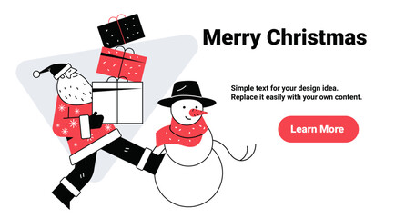 Santa Merry Christmas snowman gifts festive scene flat cartoon character holding present with snowman red black white background website banner