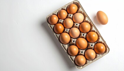 Carton of Fresh Brown Eggs on a White Countertop With One Egg Separate From The Rest