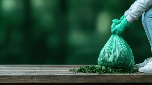 A person in casual attire is seen cleaning up the environment, holding a green trash bag filled with leaves, promoting sustainability and environmental responsibility. - Powered by Adobe