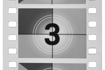 Classic film leader countdown with number three on screen, creating a vintage cinema concept, isolated. Transparent PNG image.