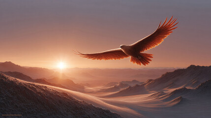 Naklejka premium Majestic bird soars over mountains at sunset. Symbol of freedom, courage, and vision. Ideal for inspirational, travel, or nature related projects.