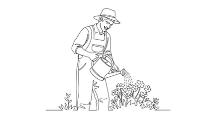 Fototapeta premium Farmer watering blooming flowers in a garden with a watering can, one person engaged in outdoor horticulture.