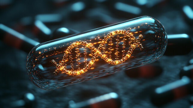 Floating capsule glowing with double helix structure Generative AI