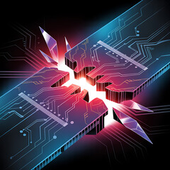 Obraz premium Warning alert icon with a hacked system. malicious software, virus, spyware, malware, or cyberattacks on computer networks. Security on the internet and online scam. Digital data is being compromised.