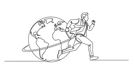 Ambitious businessman running around the globe with determination and speed.