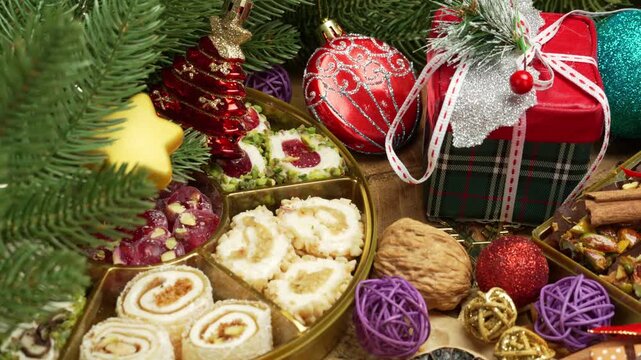 Beautiful and festive background for New Year holidays with candies and sweets and decorations, Sweet food Turkish delight on wooden background, assorted locum and candy for decorated backdrop

