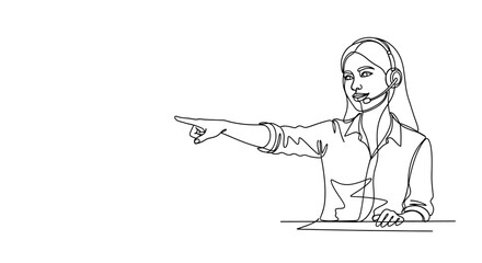 Support operator with headset points towards viewer, offering guidance and assistance