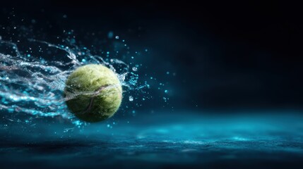 A tennis ball splashes through water in a dynamic and energetic scene, capturing the excitement and movement of sport in an artistic and abstract portrayal.