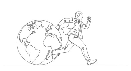 Businessman running with the globe, symbolizing global ambition and fast-paced progress.