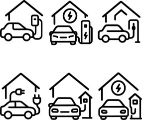 electric car charging at home station vector icon set