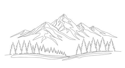 Majestic mountain range silhouette with evergreen forest in foreground, evoking adventure and nature's grandeur.
