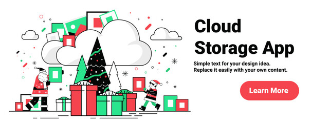 Santa cloud storage Christmas tree gifts digital data festive background snowflakes elf app interface template