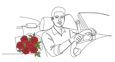 Smiling man holding steering wheel while driving with a bouquet of red roses on the passenger seat