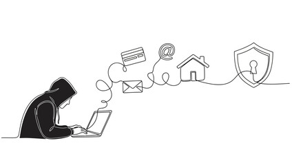 Anonymous hacker using laptop to access personal information, representing cybercrime threat.