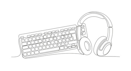 Minimalist line art of a keyboard and headphones, representing technology and creativity