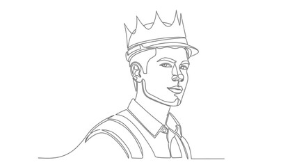 Young man with a crown, depicted in a minimalist single line drawing style, exuding confidence and leadership.