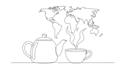 Global tea time: a steaming cup and teapot with a world map illustration