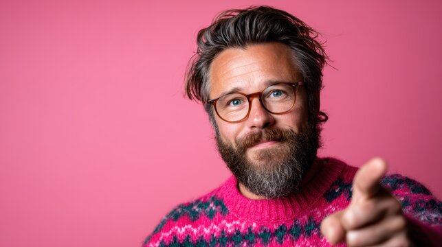 A bearded man wearing a colorful pink sweater stands confidently against a pink background, engaging with viewers and conveying a friendly invitation.