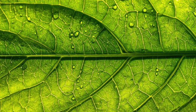 Close up of a vibrant green leaf with dew drops and intricate vein patterns illuminated by natural light creating a detailed botanical texture. - Powered by Adobe