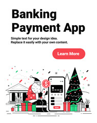 Santa banking payment app Christmas digital transaction concept Santa using smartphone near Christmas tree gifts bank building festive decorations