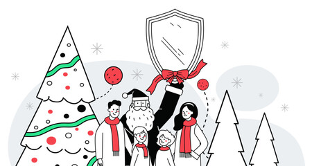 Santa Christmas family protection concept festive winter scene with Santa Claus holding shield surrounded by smiling people decorated tree snowflakes