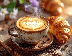 Gorąca kawa cappuccino z wzorem na powierzchni otoczona croissantami, ziarnami kawy i kwiatami © Monika