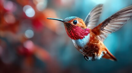 Fototapeta premium A stunning hummingbird in vibrant colors caught mid-flight near bright flowers, showcasing the beauty of nature, movement, and the intricate details of wildlife in action.