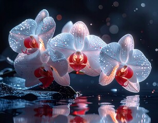  Białe kwiaty storczyka na czarnym tle odbijające się w powierzchni wody