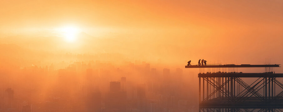 Silhouette of construction workers atop a building under construction, with a hazy cityscape sunset background. Concept progress, ambition, teamwork.