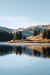Naklejka premium Scenic lake house reflecting peacefully on water. Mountains trees provide serene backdrop. Concept of escape, nature, and tranquility. Ideal for travel or lifestyle.