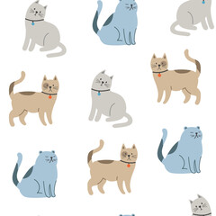 Seamless pattern with gray, blue and brown cats. Funny cats in different poses. Flat graphic vector illustrations isolated on white background. Set of pet animals.