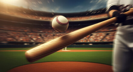 "Perfect Baseball Impact Shot: White Uniformed Batter Strikes Mid-Air Ball in Stadium with Crowd Energy Behind"