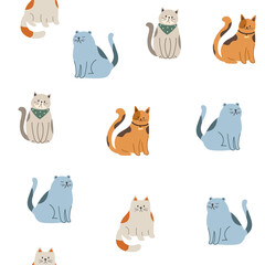 Seamless pattern with blue, brown and gray cats. Funny cats in different poses. Flat graphic vector illustrations isolated on white background. Set of pet animals.