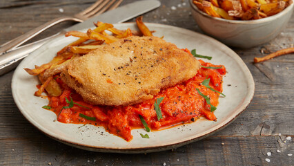 Cutlet with bell pepper sauce