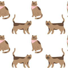 Seamless pattern with cute cats. Funny cats in different poses. Flat graphic vector illustrations isolated on white background. Set of pet animals.