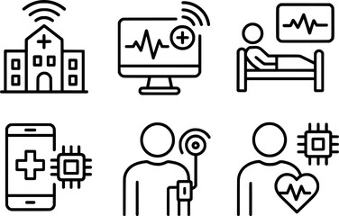 smart hospital automation and patient monitoring line icons