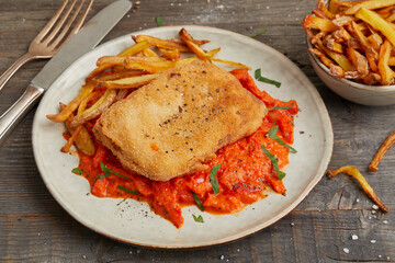 Cutlet with bell pepper sauce