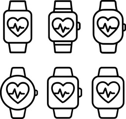 smartwatch heart rate monitor line icon set